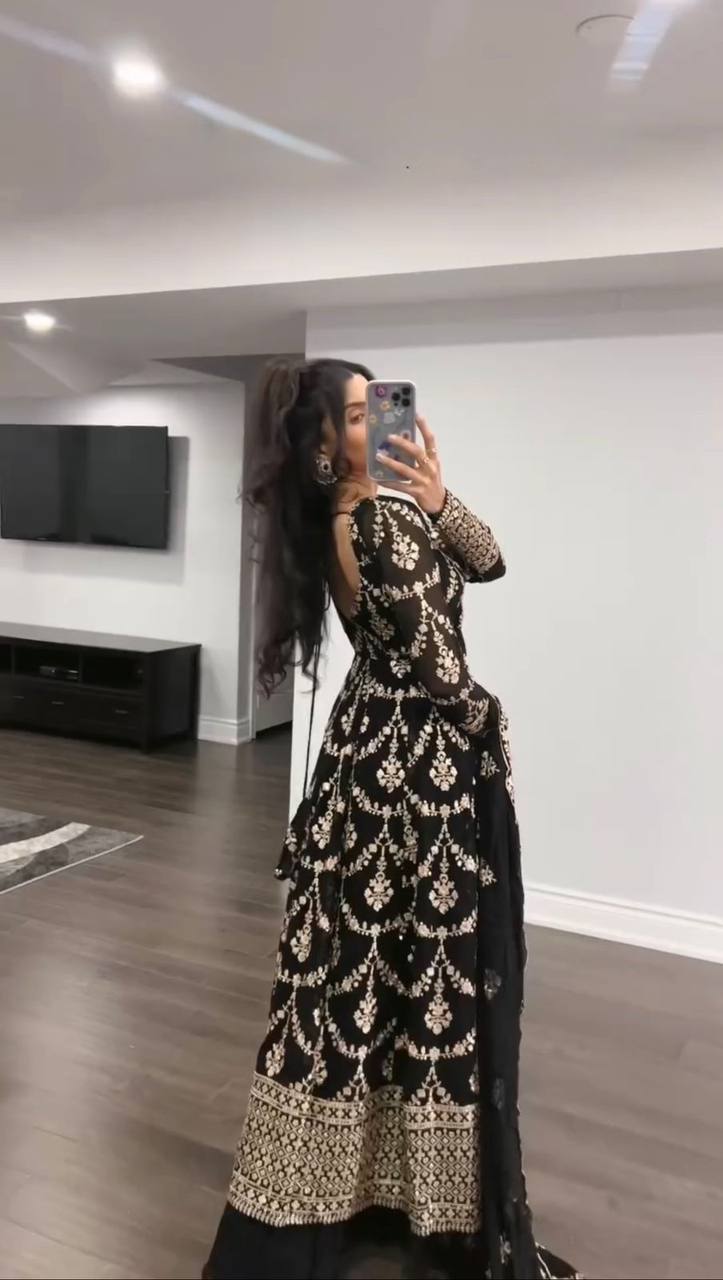 Three-piece ensemble featuring a faux georgette top pent with dupatta