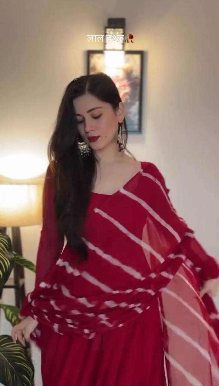 Red Faux Georgette Palazzo Set, top, palazzo, and dupatta